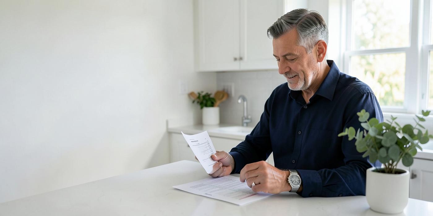 A man reviewing a printed lab report at home